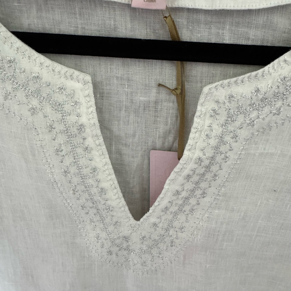 St. Tropez White with Silver Embroidery Washable Linen Blouse - Picture 4 of 9